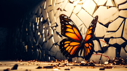 Close up of butterfly on table with mirror in the background.