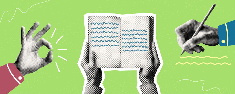 education is cool concept template design set with hand writing reading book ok gesture isolated on green background retro grunge dotted halftone vector cutout collage element