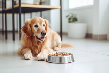 Morning mealtime. Portrait of golden retriever dog lying on ground near dog food bowl in kitchen....