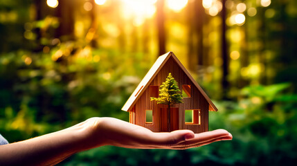 Hand holding small wooden house with tree growing out of it.