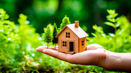 Hand holding small wooden house with trees in the front of it.
