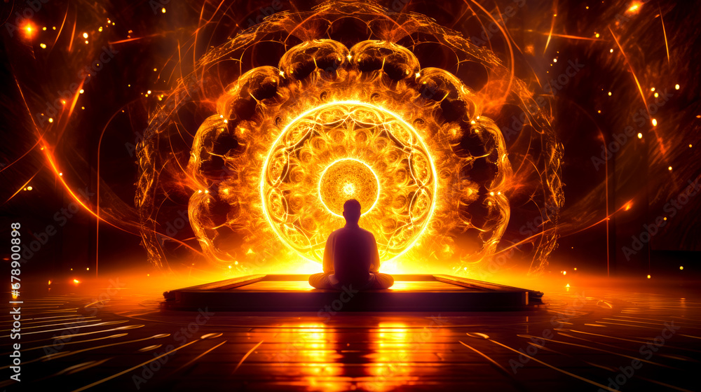 Aufkleber man sitting in front of large circular object in the middle of room.