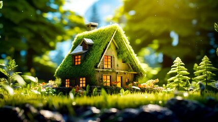 Small house with green roof and grass on top of the roof.