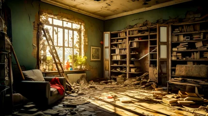 Poster Living room filled with lots of rubble and ladder in the middle of the room. © Констянтин Батыльчук