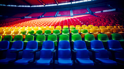 Naklejka premium Row of empty seats in stadium with red, yellow, and blue seats.