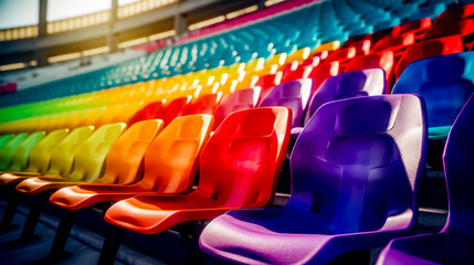 Fototapeta premium Row of colorful plastic chairs sitting in front of row of empty seats.