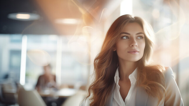 Isolated beautiful businesswoman in an office meeting on blurred flare bokeh background