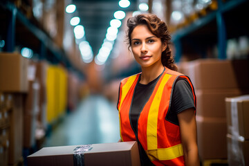 Woman in orange vest in logistics center