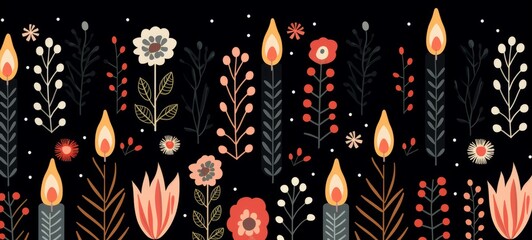 Pattern of Christmas candles with Christmas flowers in christmas colors Hand drawn illustration on black background, Christmas theme. Horizontal banner. AI generated