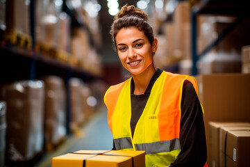 Woman in orange vest in logistics center