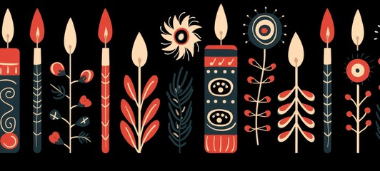 Pattern Illustration of Christmas candles with Christmas flowers in christmas colors in Hand drawn on black background, Christmas theme banner. Horizontal format for banners, wallpaper. AI generated