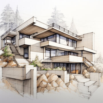 Sketch a section of a modern house with pencil and pap