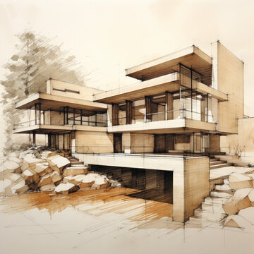 Sketch a section of a modern house with pencil and pap. Sketch a section of a modern house with pencil and pap. AI generative.  AI generative