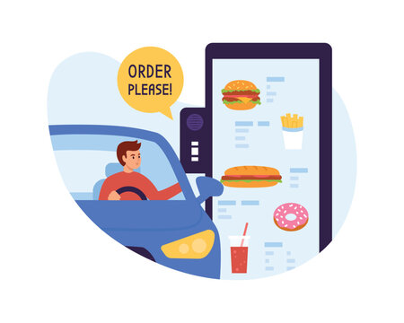Vector illustration of ordering food through a drive-through window. Cartoon scene with a guy in a car ordering food through the window and saying order please isolated on white background. Fast food.