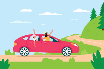 Vector illustration of a car trip. Cartoon scene of happy girls driving a red car on a road with a beautiful landscape: a sky with clouds, a crooked road with a slope, Christmas trees, bushes.