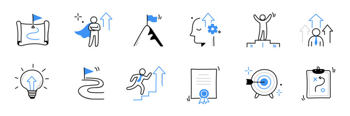 Business progress, challenge doodle icon set. Hand drawn sketch business opportunity, career progress, professional goal cute trendy doodle icon. Career talent, leader concept. Vector illustration - obrazy, fototapety, plakaty