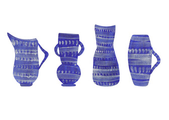 Set of dishes with ornaments: jug and vases. Abstract illustration in blue and silver gouache