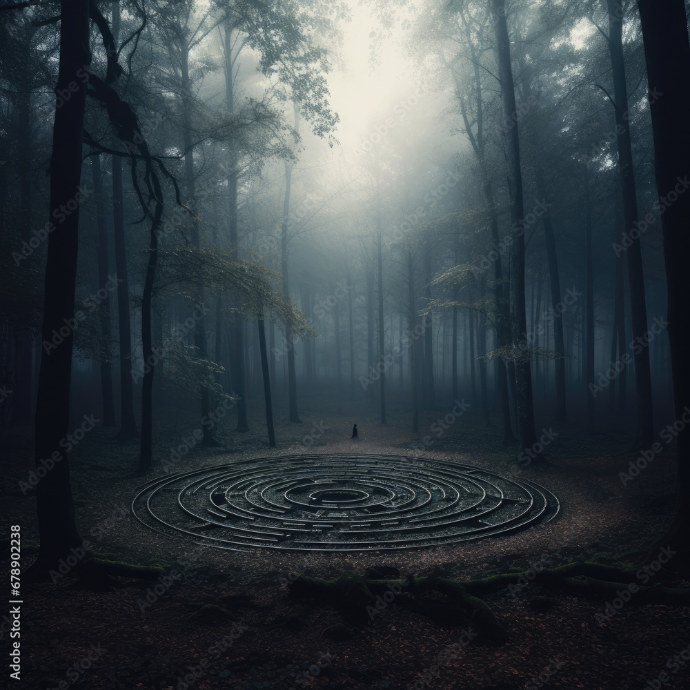 Poster a person standing in the middle of a forest. generative ai.