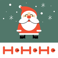 Handwritten text Ho-Ho. Happy Santa Claus. Background with snowflakes. Christmas hat. Vector illustration in flat graphic style. Template for postcard, banner, poster. Stylized character.
