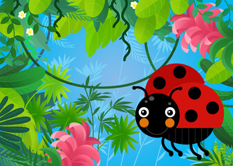 Fototapeta premium cartoon scene with forest and animal creature insect ladybug illustration for children
