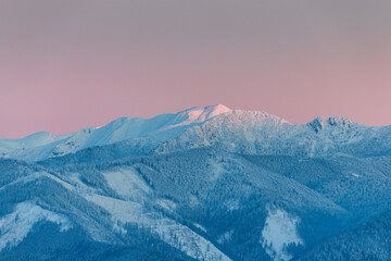 Winter mountain snowy landscape at sunset. The Mala Fatra national park in Slovakia, Europe.
