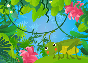 Fototapeta premium cartoon scene with forest and animal creature insect grasshopper illustration for children