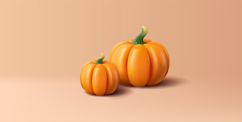 Orange 3D pumpkins. Composition of pumpkins for the concepts of celebration, healthy eating, and seasonal vegetables.