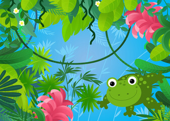 Fototapeta premium cartoon scene with forest and animal creature amphibian frog toad illustration for children