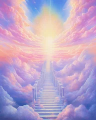 Foto op Canvas illustration of a pastel colored stairway to a bright heaven in clouds © Claudia Nass