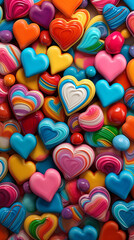 Pile of colorful stones shaped like a heart, in the spirit of Valentine's Day, with cheerful, warm, and vibrant colors.