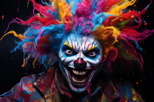 Portrait of a scary clown in a colorful wig on a dark background