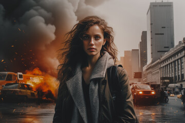 A woman appears unfazed in the foreground against a dramatic backdrop of an urban explosion, with chaos ensuing behind her.