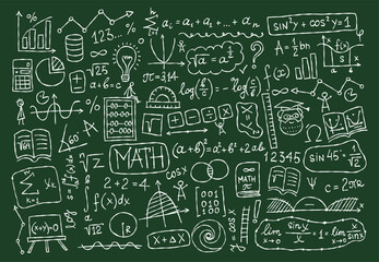 Hand drawn math science formulas on chalkboard background - 678903632