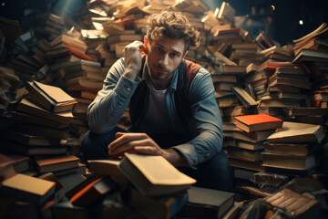 A person immersed in reading, surrounded by books, embodying the love for knowledge and learning....