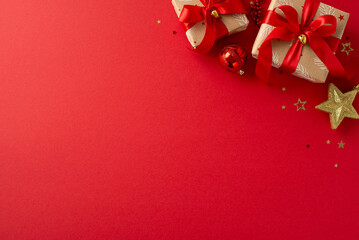 Countdown to the Festive Season: Overhead shot of rustic gift boxes, vibrant red and gold...