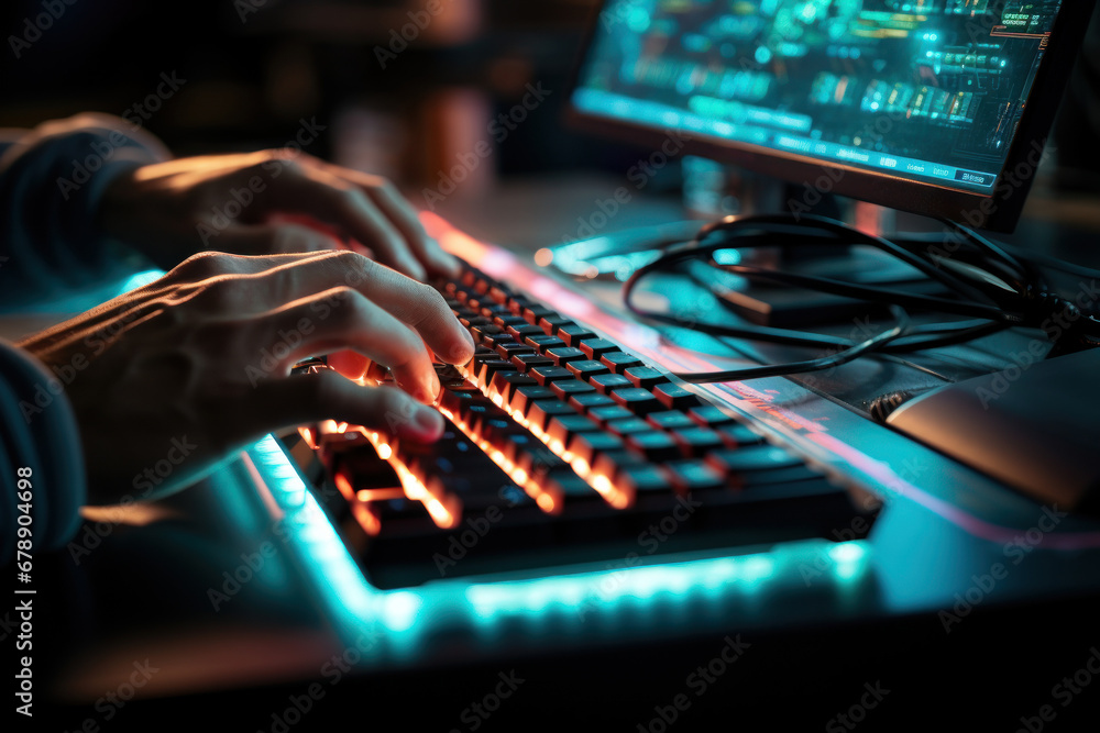 Poster a close-up of a person's hands typing on a keyboard, symbolizing the modern era of technology and di