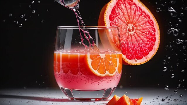Freshly squeezed grapefruit juice is poured into a transparent glass. A refreshing and invigorating vitamin drink. Stop motion style with variable items. 