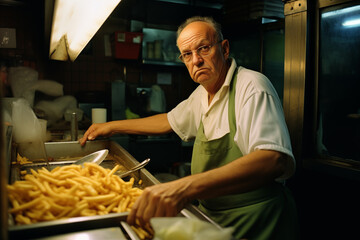 Grumpy low wage fast food restaurant worker making fries