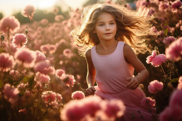 Obraz na płótnie Canvas Portrait of a beautiful little girl in a pink dress on a background of pink flowers meadow
