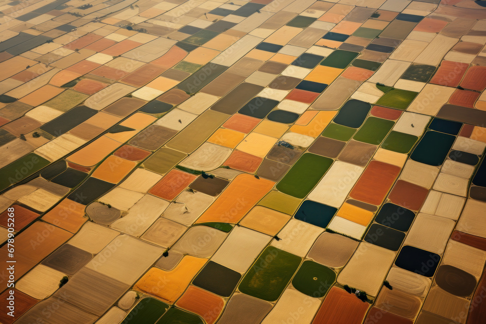 Poster an aerial view of agricultural fields in patchwork patterns, demonstrating the human interaction wit