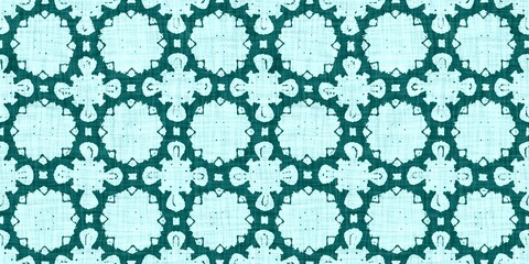 Teal green white vibrant watercolor batik azulejos tile border banner background. Seamless aqua coastal blur linen effect geometric mosaic effect.Boho Patchwork nautical masculine summer ribbon trim. 