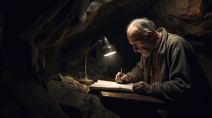 Old Man Writing Memoir Journal in Dark Cave - obrazy, fototapety, plakaty