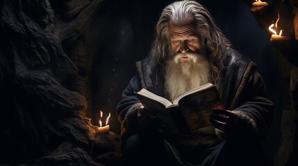 Old Man Reading a Book with a Long White Beard