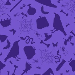 Cartoon doodle Halloween seamless witch and pumpkins and hat and bones and raven pattern for fabrics
