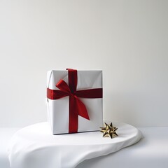 white gift box with red ribbon