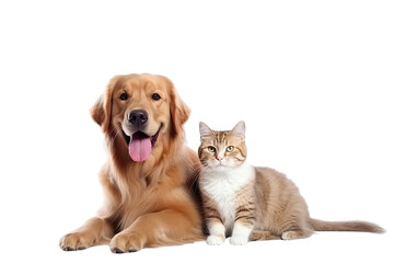 portrait of a happy dog and a cat, full body, isolated on white