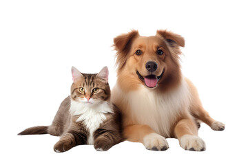 Fototapeta premium portrait of a happy dog and a cat, full body, isolated on white