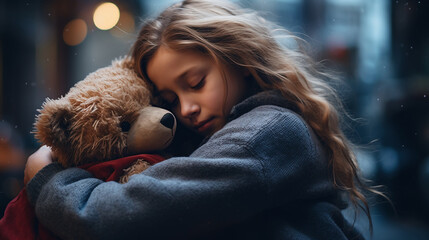 Little girl hugging her teddy bear. National Hugging Day concept. 