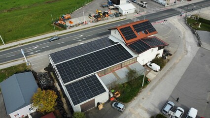 Aerial view of solar panels on the roof of house