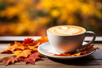 A soothing and inviting autumn-themed desktop with a soft-focus pumpkin latte cup, framed by a blurred background of vibrant orange and yellow leaves.